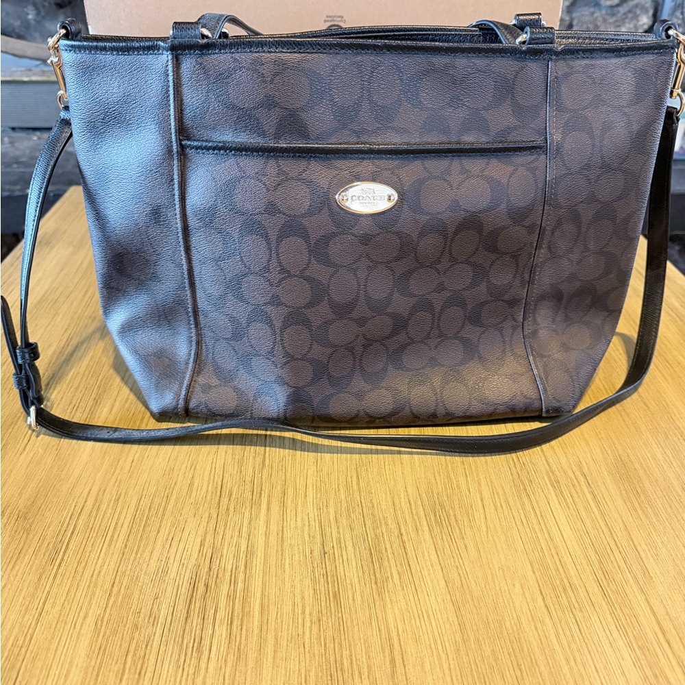 Coach Signature Brown PVC & Leather Tote Shoulder Bag w/ Crossbody Strap